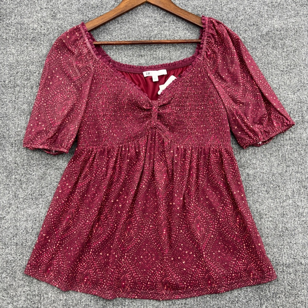 DR2 Smocked Babydoll Peasant Top Womens Small Wine Red Puff Sleeve Boho Romantic